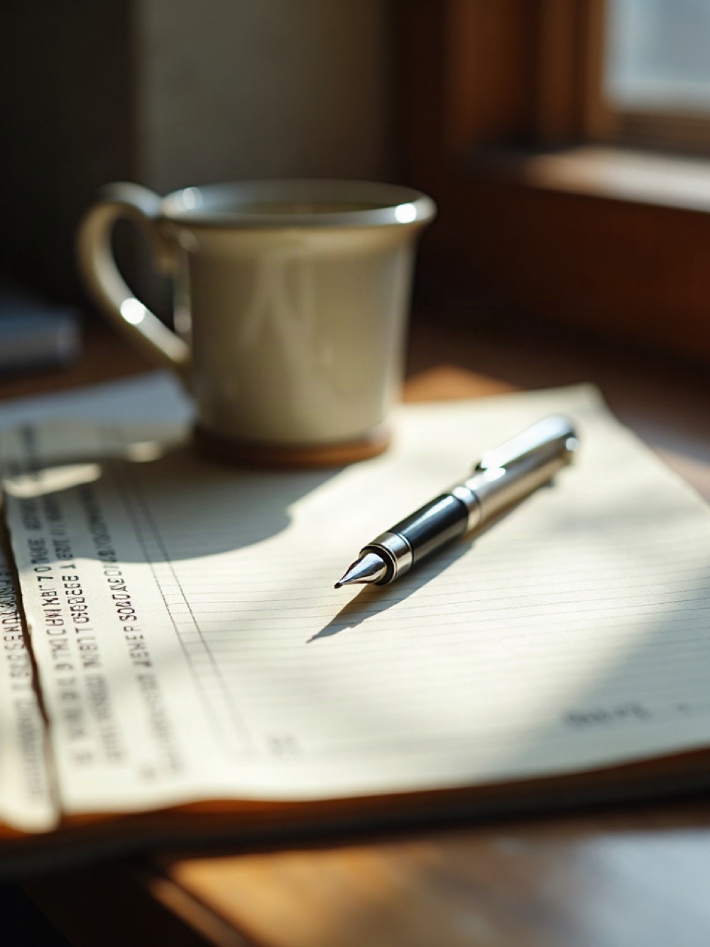 Consulting desk in Odesa with an open ledger, pen, and notebook in window light