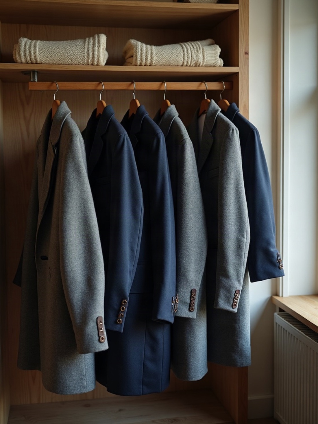 Men's coats and boys' jackets on a wooden rail with folded knitwear