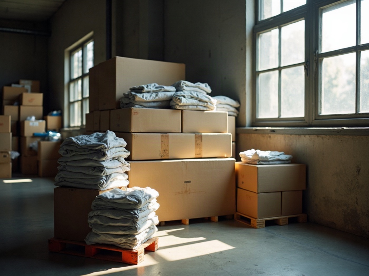 Apparel cartons and folded shirts in the SEZON PLIUS warehouse