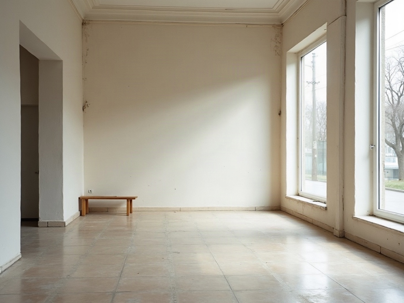 Empty commercial unit in Odesa with terrazzo floor and shopfront windows